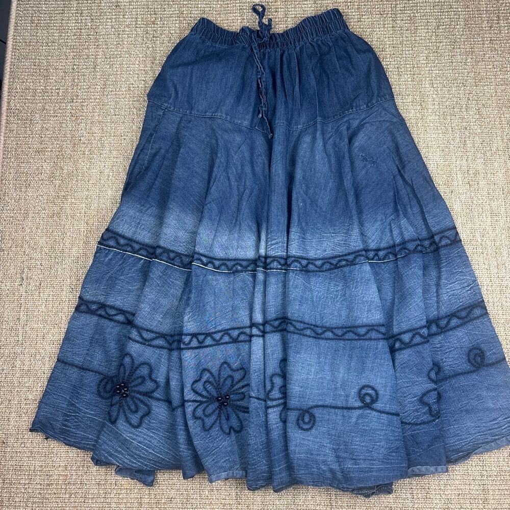 🌀 Denim Maxi Skirt Embroidered Floral Boho | No Size Tag